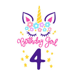Fototapeta premium Fourth Unicorn Birthday Svg, 4th Birthday Shirt Svg, Unicorn Face Svg, Unicorn svg, Birthday Girl svg, Gift for Birthday, Cut files Cricut 