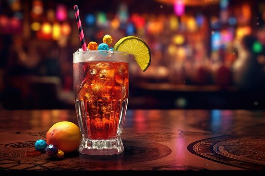 Colorful beverage elegantly displayed on the bar.