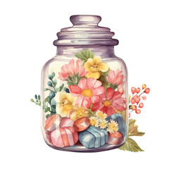 Watercolor Candy Jar Clip Art, Watercolor Illustration, Flowers Watercolor Sublimation Design, Flower Candy Clip Art