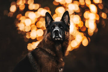 German shepherd dog portrait with bokeh on the background, bokeh, warm light, winter, close up