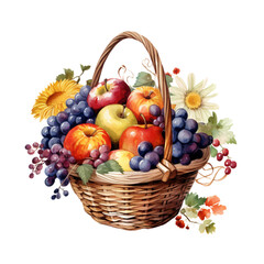 Fall Autumn Watercolor Fruits Basket Clip Art, Fall Autumn Watercolor Illustration, Flowers Sublimation Design, Flower Clip Art