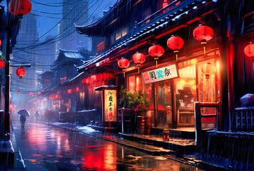 an asian street at night