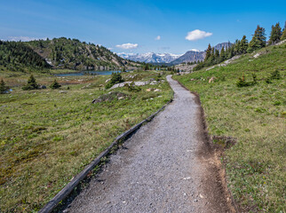 Fototapeta na wymiar Path at Rock Isle Lake in the high alpine of Sunshine Meadows on the border of Banff National Park and Mount Assiniboine Provincial Park in the Canadian Rockies