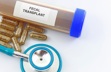 Fecal transplant or fecal matter transplant (FMT) to cure persistent digestive intestinal diseases such as infection by Clostridium  - obrazy, fototapety, plakaty