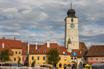 View of the bell tower of the Roman Catholic Church of the Holy Trinity in the city of Sibiu. Transylvania. Romania