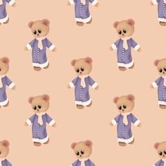 Seamless pattern with baby teddy bear. Hand drawn winter animal illustration isolated on pastel background.