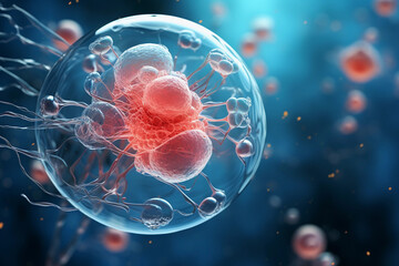 Beautiful stem cell generated with AI, 3D rendering ,microscope. Perfect template for you powerpoint, linkedin post, website, portfolio deck (Generated with AI)