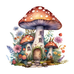 Fairy House Watercolor Clip Art, Fairyland Watercolor Illustration, Fairy House Sublimation Design, Mushroom House Watercolor Clip Art