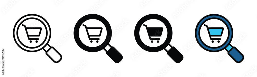 Wall mural market research icon. search market shop, magnifying glass with cart icon symbol in line and flat st