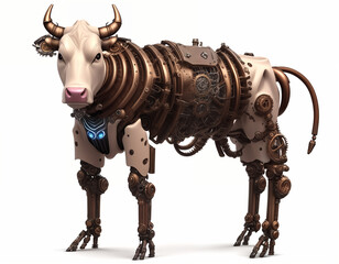 Biomechanical cow. Steampunk style. Digital illustration. Generative AI.
