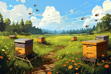 Fotobehang A small apiary with wooden beehives on a green meadow. Beekeeping. © Amerigo_images