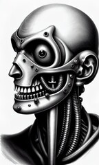 Portrait of a Biomechanical Cyborg, close up. Digital illustration. Generative AI.