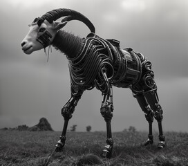 Biomechanical goat. Digital illustration. Generative AI.