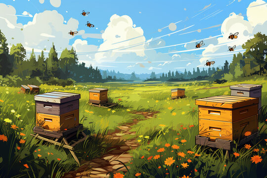 A small apiary with wooden beehives on a green meadow. Beekeeping.