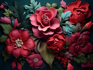 Beautiful floral background with red roses and leaves. Vector illustration.Generative ai.