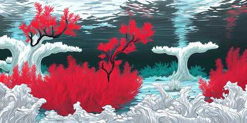 Underwater landscape. Aquatic background. Digital illustration. Generative AI.