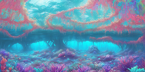 Fototapeta na wymiar Underwater landscape. Aquatic background. Digital illustration. Generative AI.