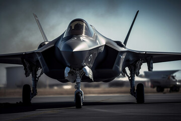 Fototapeta premium Modern fighter on the runway. Combat aircraft. Air Force.