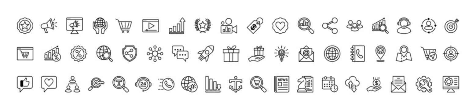 Digital marketing line icons vector set. advertising, business, ranking, shopping, seo, social media, data analytics, e-commerce, network, presentation, website, strategy, chart and other	
