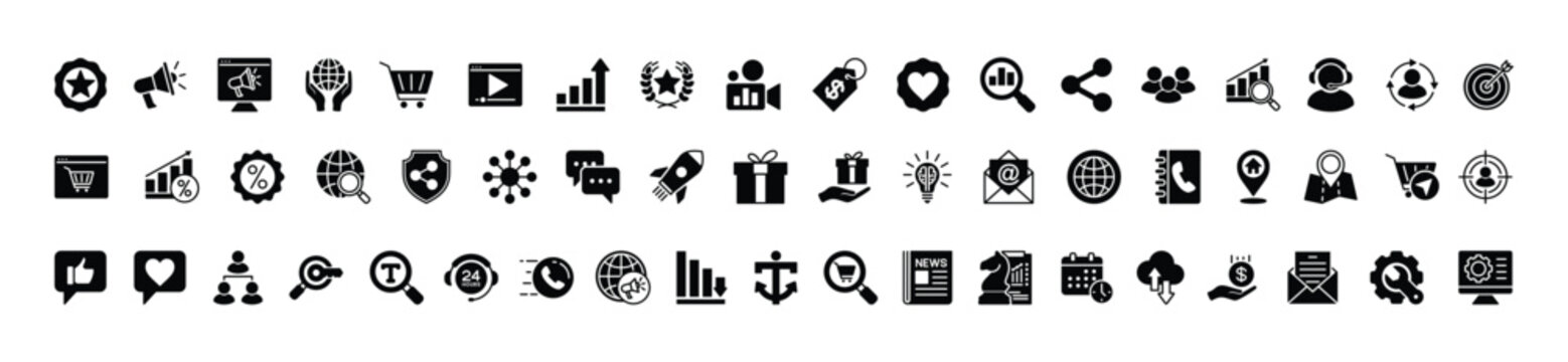 Digital marketing flat icons vector set. advertising, business, ranking, shopping, seo, social media, data analytics, e-commerce, network, presentation, website, strategy, chart and other	