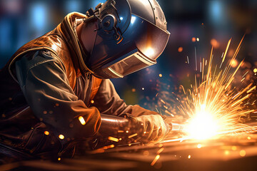 Obraz na płótnie Canvas The welder is welding steel plates. AI technology generated image