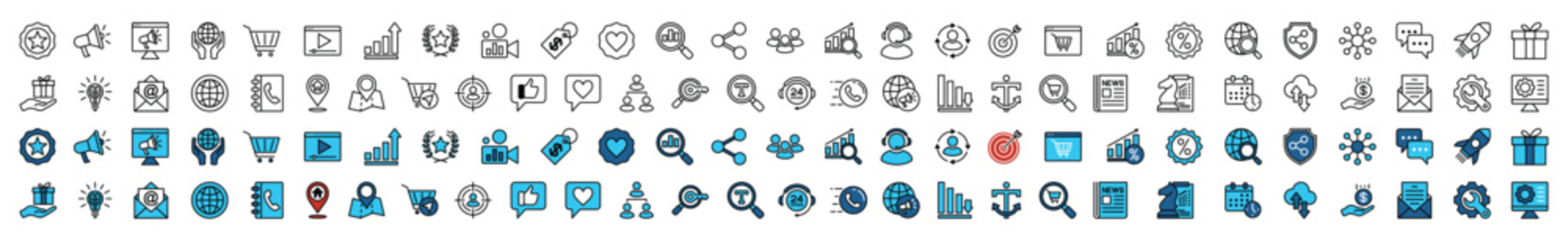 Digital marketing line and color icons vector set. advertising, business, ranking, shopping, seo, social media, data analytics, e-commerce, network, presentation, website, strategy, chart and other	