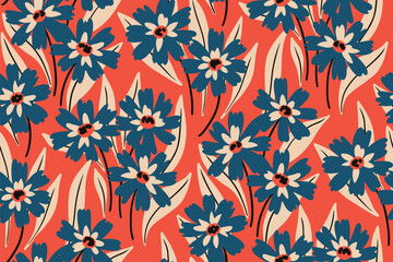 Seamless floral pattern, graphic ditsy print for creative retro style. Stylish design for textile, paper with wild meadow: small hand drawn flowers, leaves on a red background. Vector illustration.