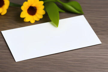 Paper Card and Flowers on Wooden Background. Generative AI