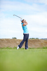 Portrait, happy woman or swing playing golf for fitness, workout or exercise on course or grass....