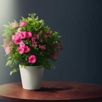Flowers in a Pot in a Table with Blurred Background. Generative AI