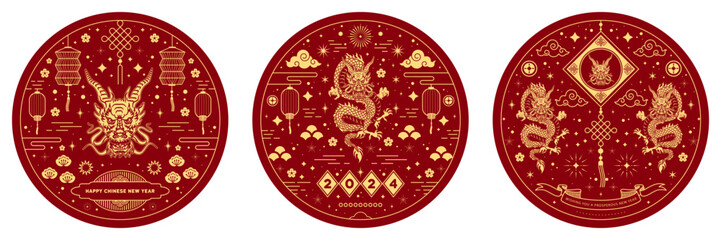 Happy chinese new year 2024 greeting card with gold design elements. Sticker concept for holiday decor, poster, banner. Isolated vector objects illustration line art style.