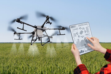 Farmer controls drone sprayer with a tablet. Smart farming and precision agriculture.