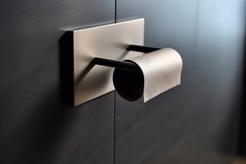 A white roll of soft toilet paper neatly hanging on a modern chrome holder on a light blue bathroom wall, AI generated