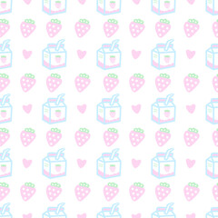 Cute seamless pattern with strawberry milk for kids design.