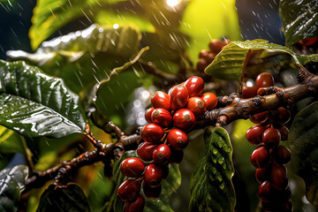 Fresh coffee beans on the tree. AI technology generated image