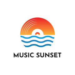 Logo design template Music Sunset. Logo wave with vinyl record vector design