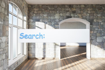 search box text floating in air standing in luxurious loft apartment with arched window and minimalistic interior living room design; 3D Illustration