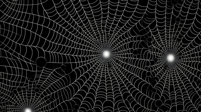 Festive Halloween celebration background, huge white spider web. Gothic abstract web texture on a black background. Generative AI.