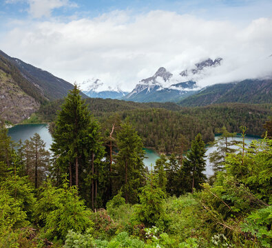 Blindsee alpine lake summer landscape with fir forest on shore, Biberwier, Tirol, Austria.