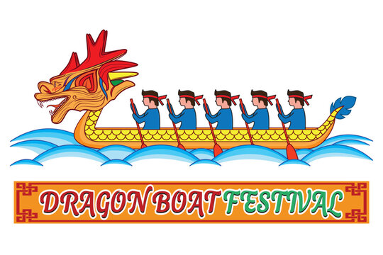 Line art vector of Dragon boat festival with Dragon boat and boatman or sailor drawing in colorful cartoon vector
