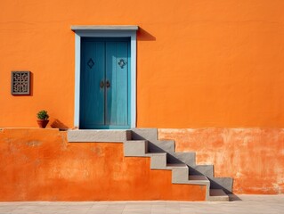 an orange wall with a door and steps, small plant pot created by generative ai