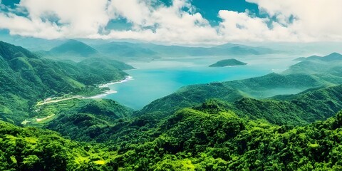 Naklejka premium Natural Scene of mountains and lake, illustration