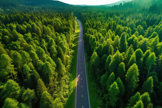 A bird's-eye view of the road in the forest. AI technology generated image