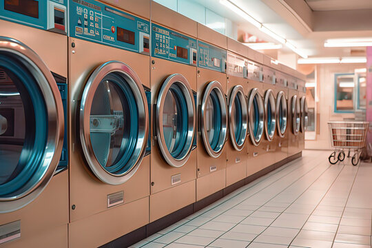 A row of washing machines in the laundry room. AI technology generated image