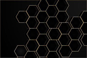 Luxury Black and golden hexagonal abstract background with shadow. Geometric 3d texture illustration. Abstract hexagonal concept technology, banner and wallpaper background.