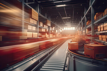 Fototapeta na wymiar Rapid movement of logistics warehouse packaging boxes on conveyor belts. AI technology generated image