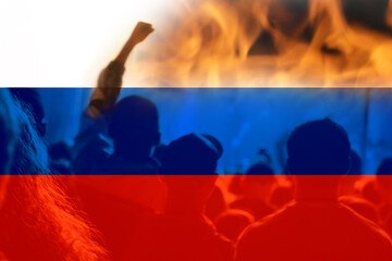 Civil war in Russia concept. PMK Wagner against the Russian army. Prigozhin against Putin. Flag. Protesters in fire