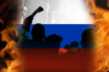 Civil war in Russia concept. PMK Wagner against the Russian army. Prigozhin against Putin. Flag. Protesters on the streets. Fire and flame