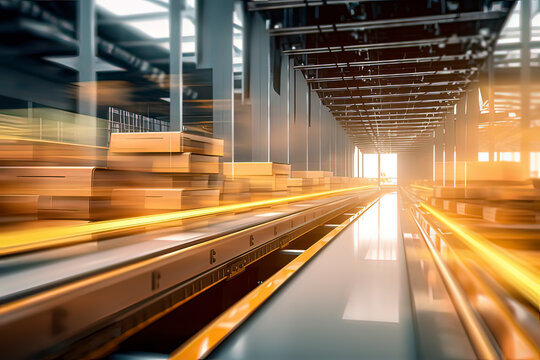 Rapid movement of logistics warehouse packaging boxes on conveyor belts. AI technology generated image