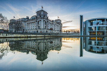 Government district in Berlin on a winter day. Reichstag and Paul Löbe House in the evening at...
